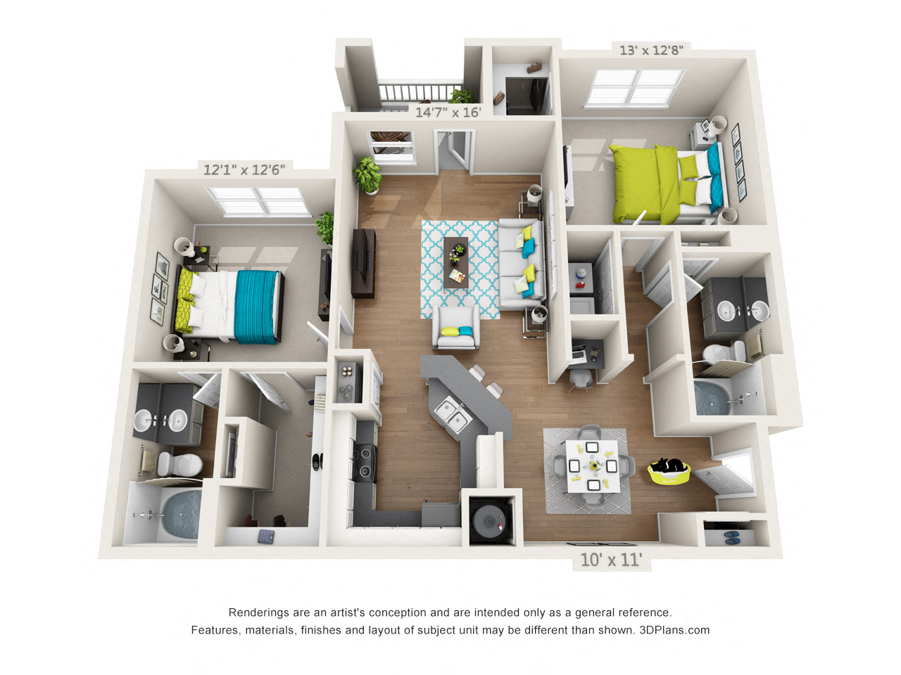 Floor plan for 2 beds, 2 baths, 1177 sqft